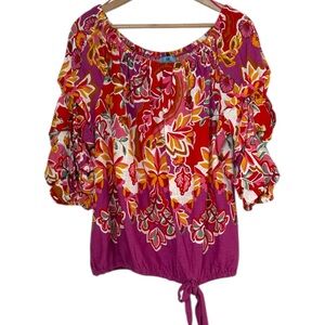 CeCe Colorful Top Women’s Large Pink Orange Rayon Linen NWOT